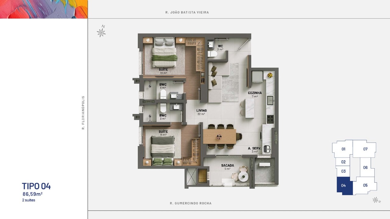 Apartamento à venda no Fazenda: Planta do tipo 04: 86,59 m², 2 suítes e sacada de 5 m²