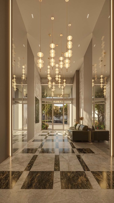 Apartamento à venda no Fazenda: Hall de entrada com pé-direito duplo e lustres pendentes (imagem ilustrativa)