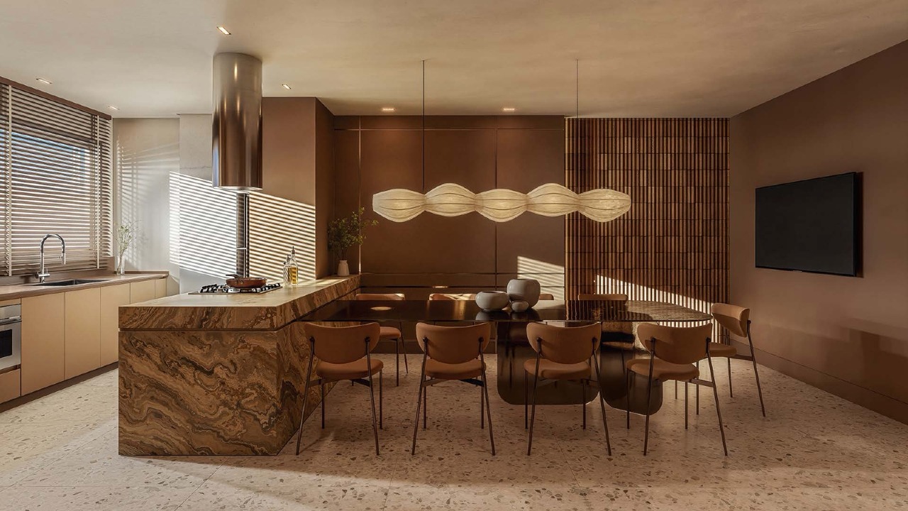 Apartamento à venda no Fazenda: Gourmet Klimt com bancada de pedra e mesa longa (imagem ilustrativa)