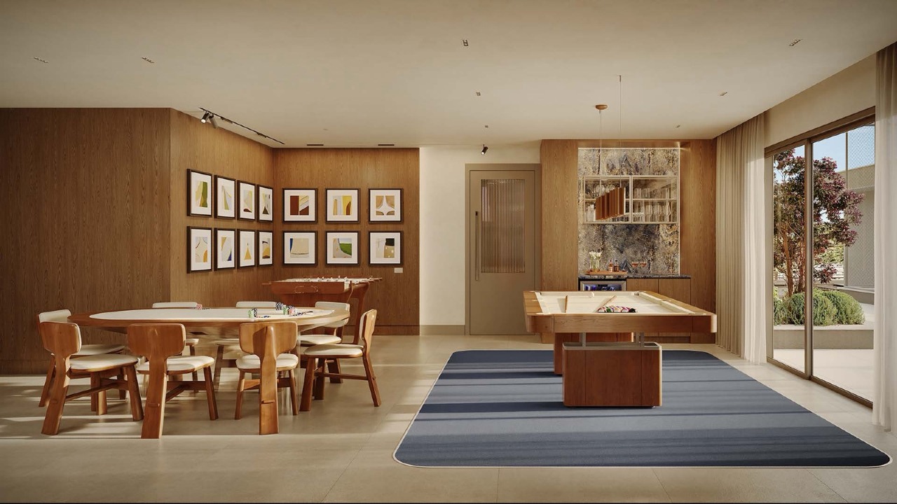 Apartamento à venda no Fazenda: Salão de jogos Matisse com mesas de jogos e espaço gourmet (imagem ilustrativa)