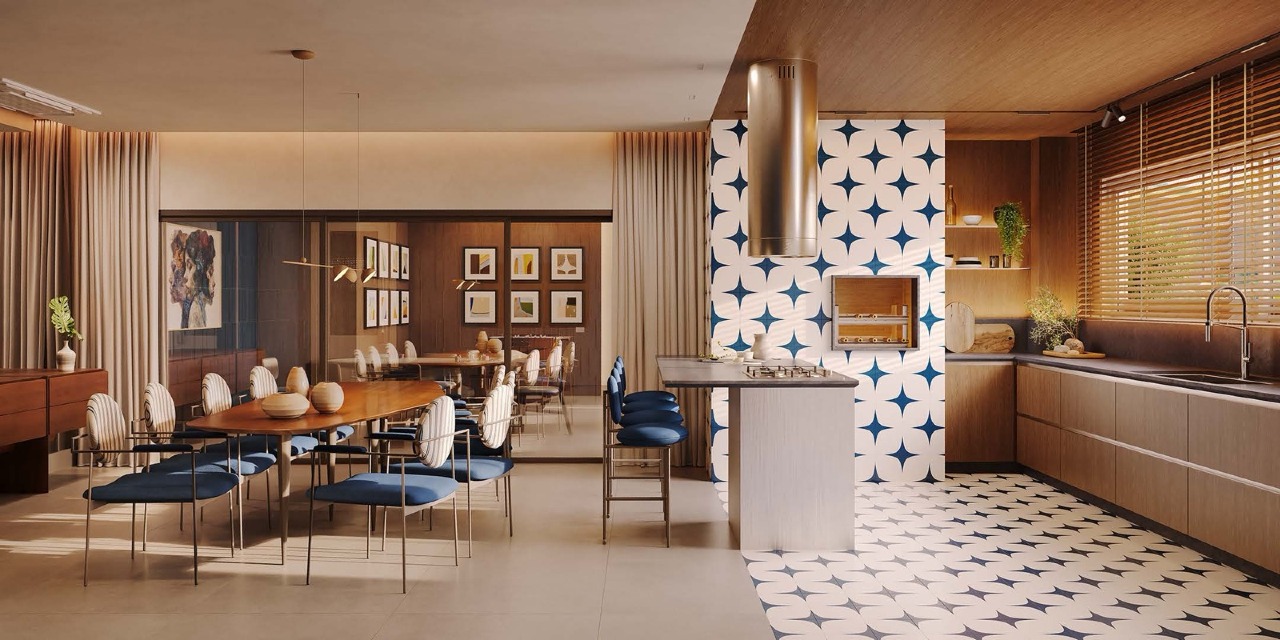 Apartamento à venda no Fazenda: Gourmet Rothko com cozinha aberta e mesa de jantar (imagem ilustrativa)
