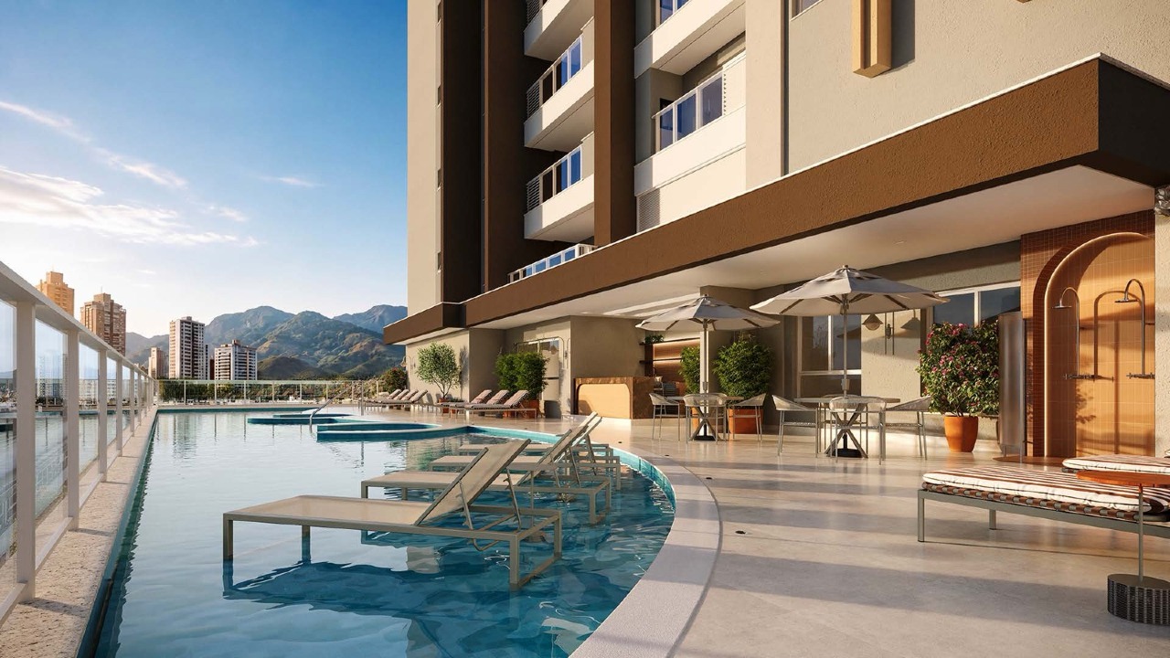 Apartamento à venda no Fazenda: Prainha com espreguiçadeiras dentro da piscina (imagem ilustrativa)