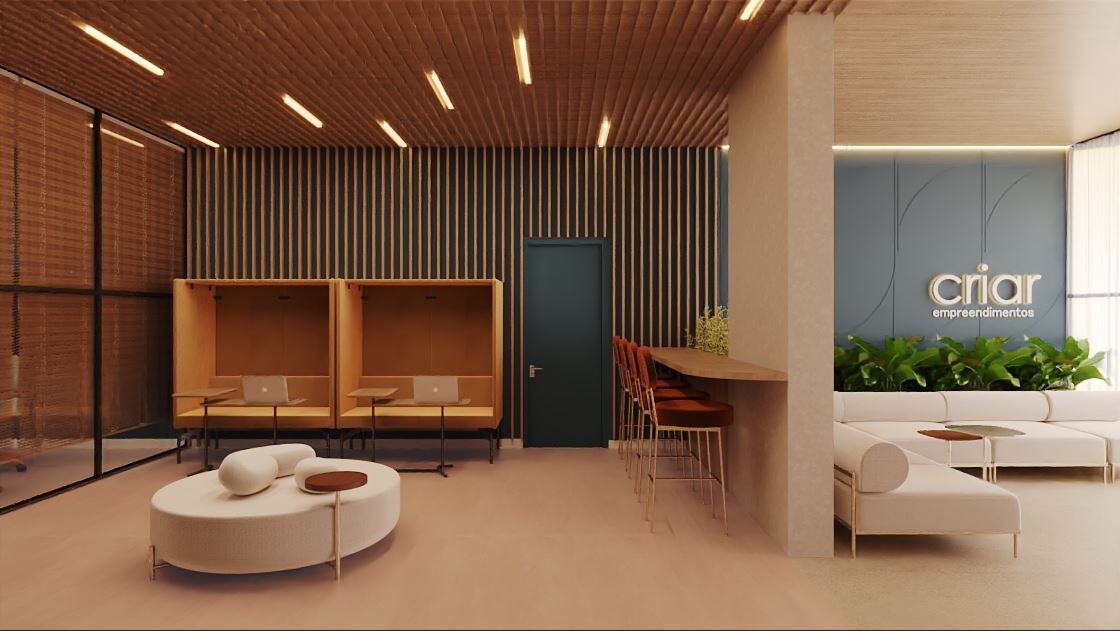 Apartamento à venda no Fazenda: Coworking do térreo com cabines de trabalho e estar (imagem ilustrativa)