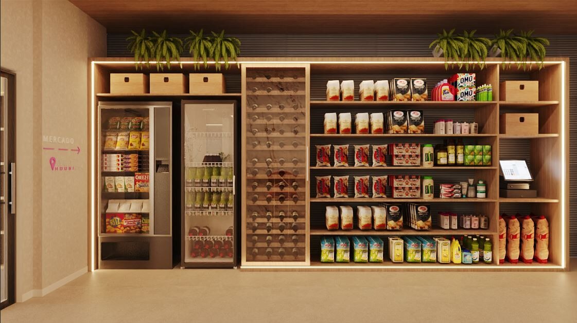 Apartamento à venda no Fazenda: Market place do térreo com geladeira, adega e prateleiras (imagem ilustrativa)