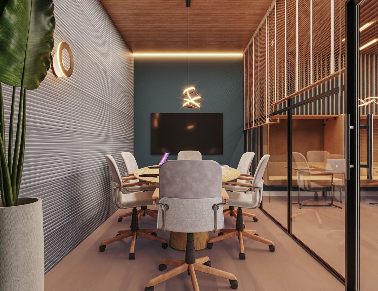 Apartamento à venda no Fazenda: Sala de reunião do coworking, com mesa redonda e TV (imagem ilustrativa)