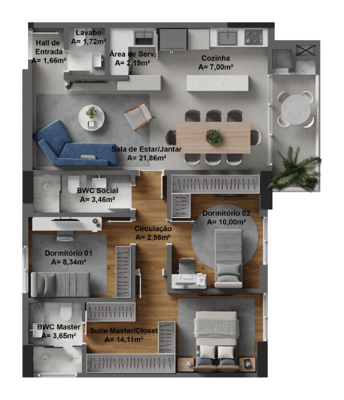 Apartamento à venda no Fazenda: Planta do final 03: 95,83 m², suíte com closet, 2 dormitórios, lavabo e sacada com churrasqueira