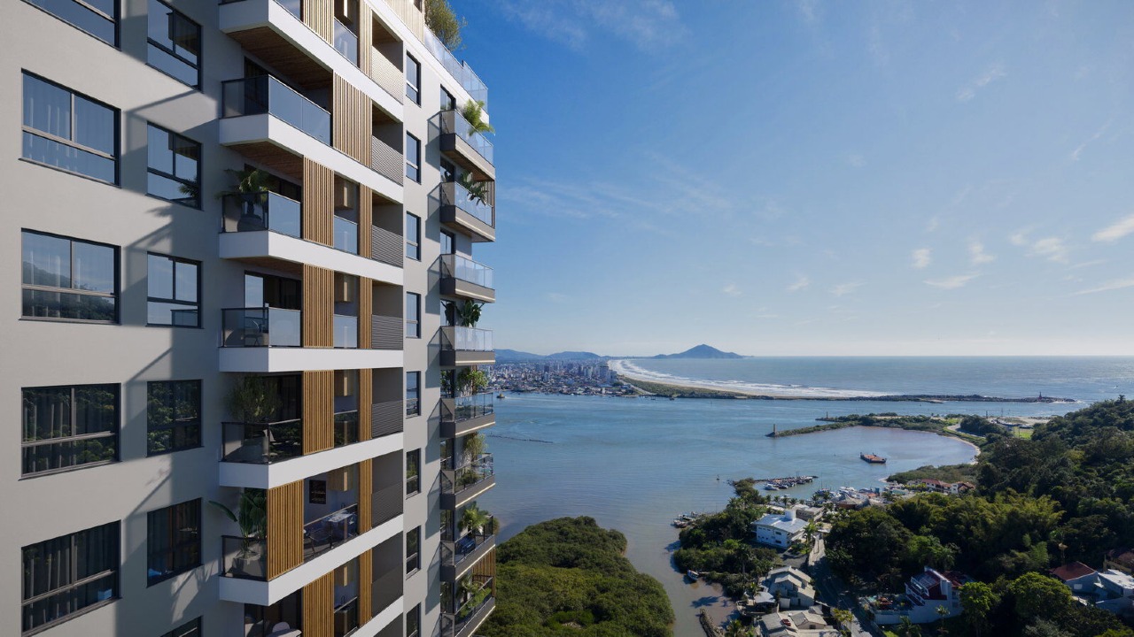 Apartamento à venda no Fazenda: Lateral da torre com a barra do rio Itajaí-Açu e o mar ao fundo (imagem ilustrativa)