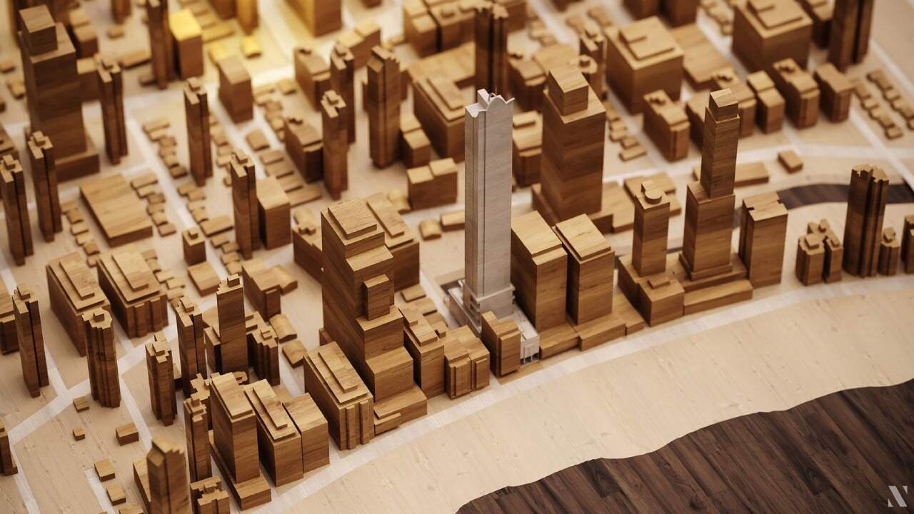 Apartamento diferenciado à venda no Centro: Maquete da orla de Balneário Camboriú com o Boreal Tower em destaque