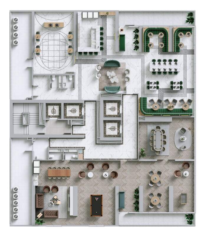 Apartamento diferenciado à venda no Centro: Planta do pavimento de lazer com pub, pista de dança, lounge e salas de jogos