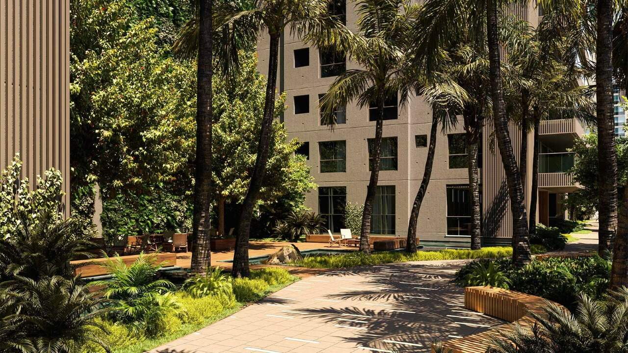 Apartamento diferenciado à venda no Pioneiros: Caminho do jardim interno, com paisagismo da Takeda Design (imagem ilustrativa)