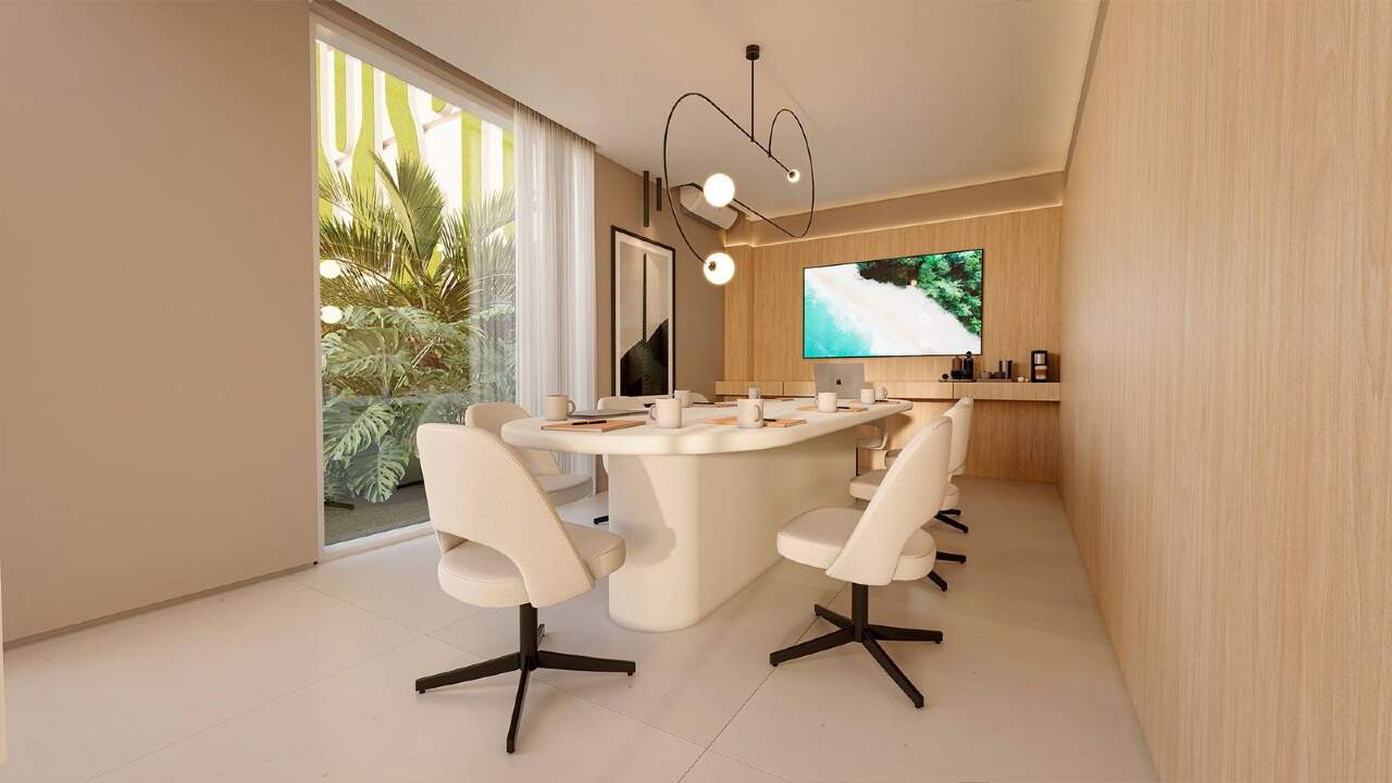 Apartamento diferenciado à venda no Pioneiros: Sala de reuniões com janela para o jardim (imagem ilustrativa)