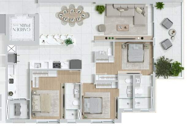 Apartamento diferenciado à venda no Pioneiros: Planta humanizada da casa suspensa de 140,52 m² com 3 suítes e terraço
