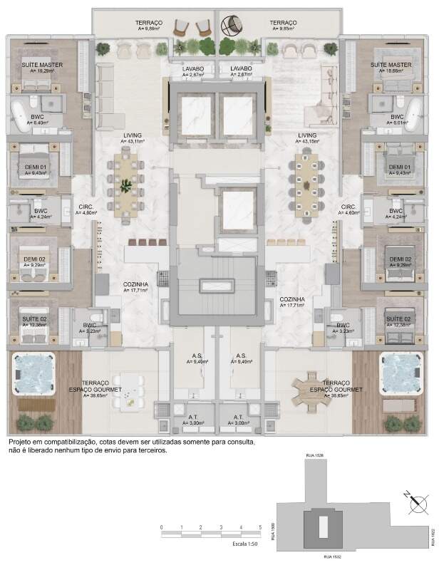 Apartamento diferenciado à venda no Centro: Planta do andar diferenciado de 221,78 m², com terraço gourmet e hidromassagem
