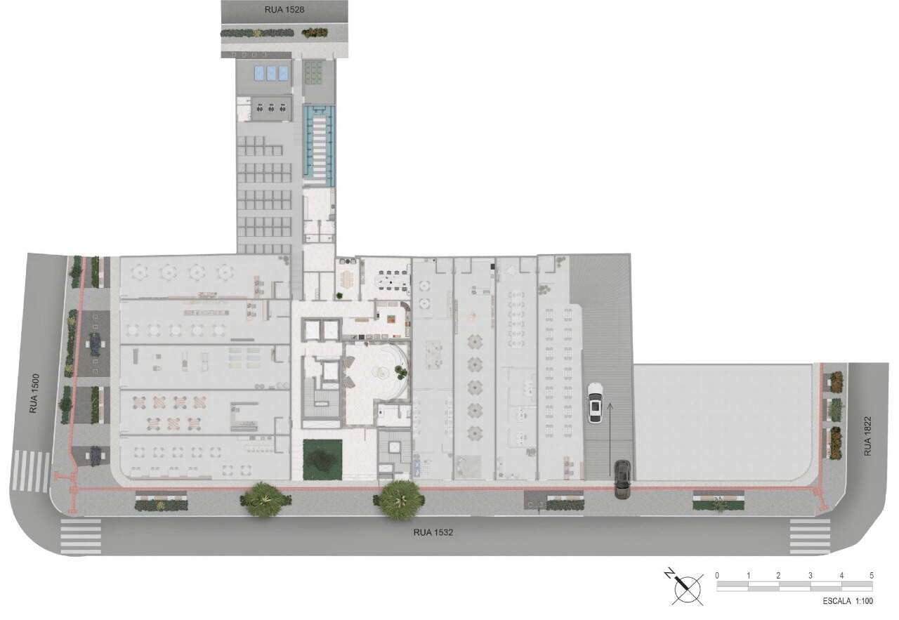Apartamento diferenciado à venda no Centro: Planta do térreo, com frente para a Rua 1532 entre a Rua 1500 e a Rua 1822