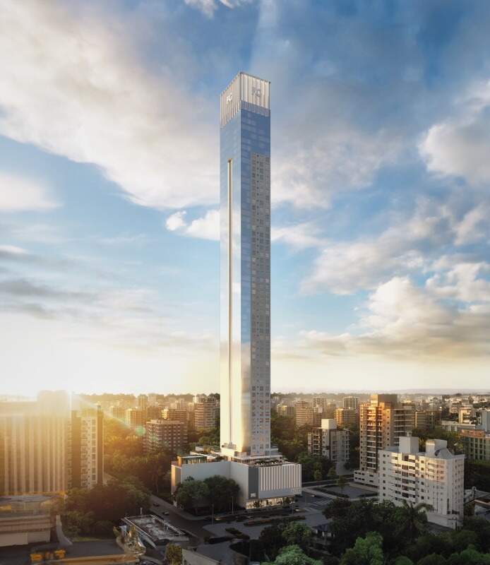 Apartamento diferenciado à venda no Centro: Torre do Iconic Tower com os terraços sobre o embasamento de lazer (imagem ilustrativa)