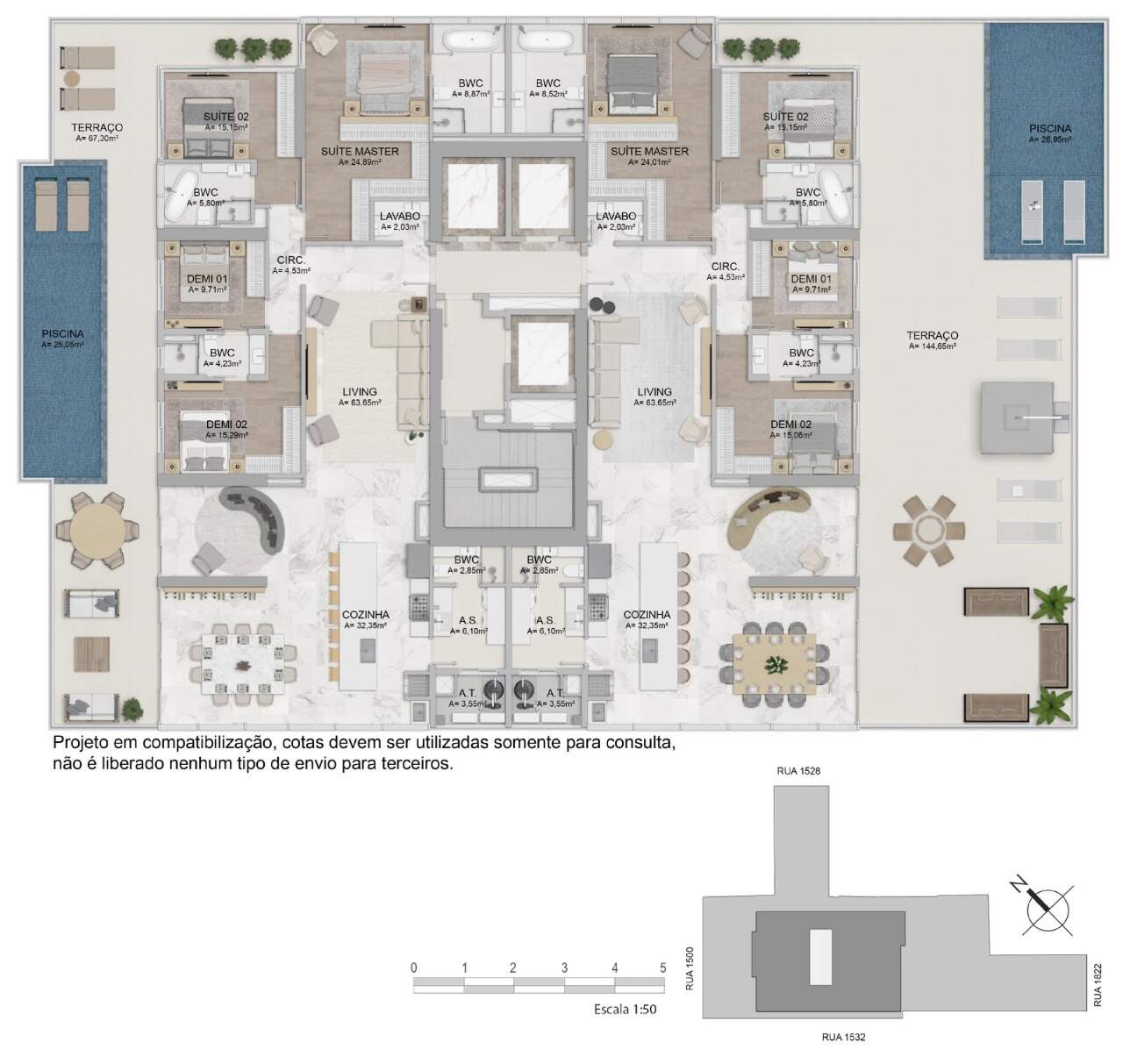 Apartamento diferenciado à venda no Centro: Planta do andar diferenciado: a planta de 397,07 m² tem terraço de 144,65 m² e piscina privativa