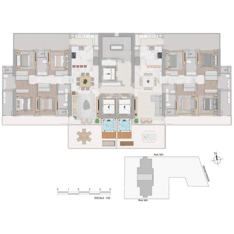 Apartamento diferenciado à venda no Centro: Planta do diferenciado de 207,98 m²: 4 dormitórios, 2 suítes e terraço com spa privativo