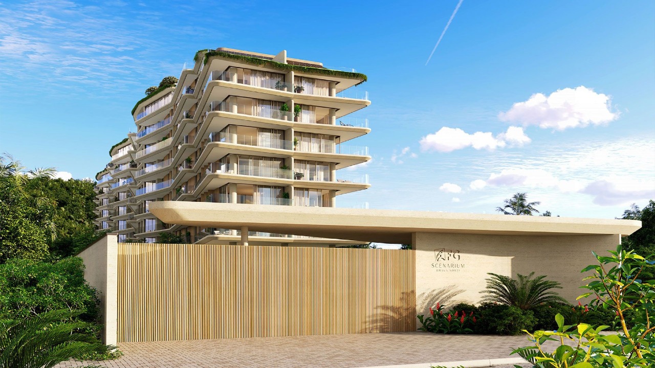 Apartamento diferenciado à venda no Praia Brava: Portaria e pórtico de entrada do Scenarium Brava Norte (imagem ilustrativa)