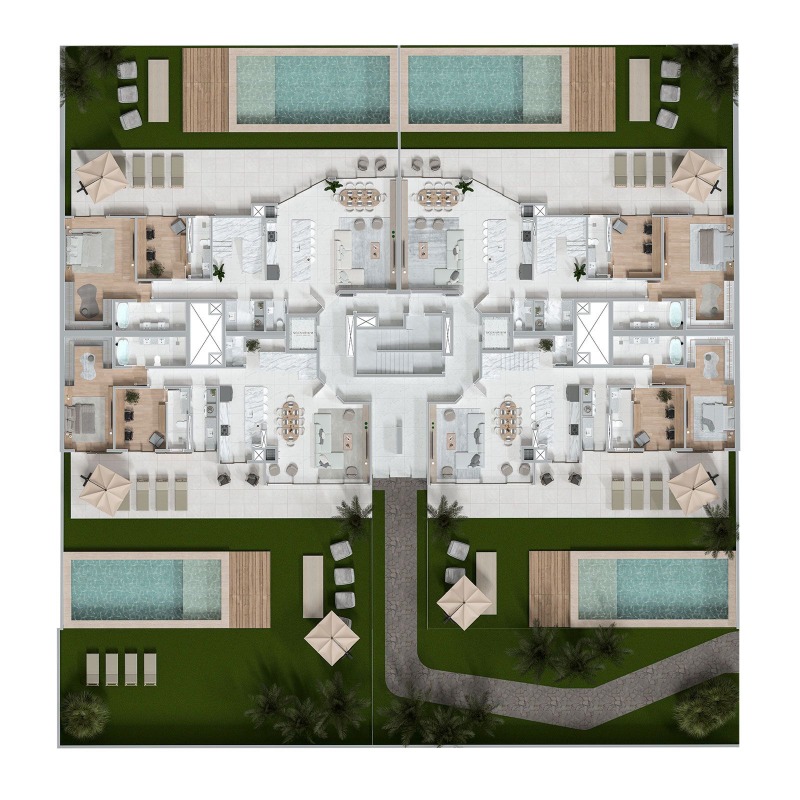 Apartamento diferenciado à venda no Praia Brava: Planta humanizada do térreo dos duplex garden, com jardins e piscinas privativas