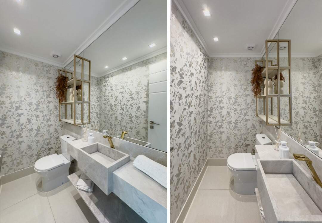 Apartamento à venda no Centro: Lavabo com papel de parede floral e cuba esculpida