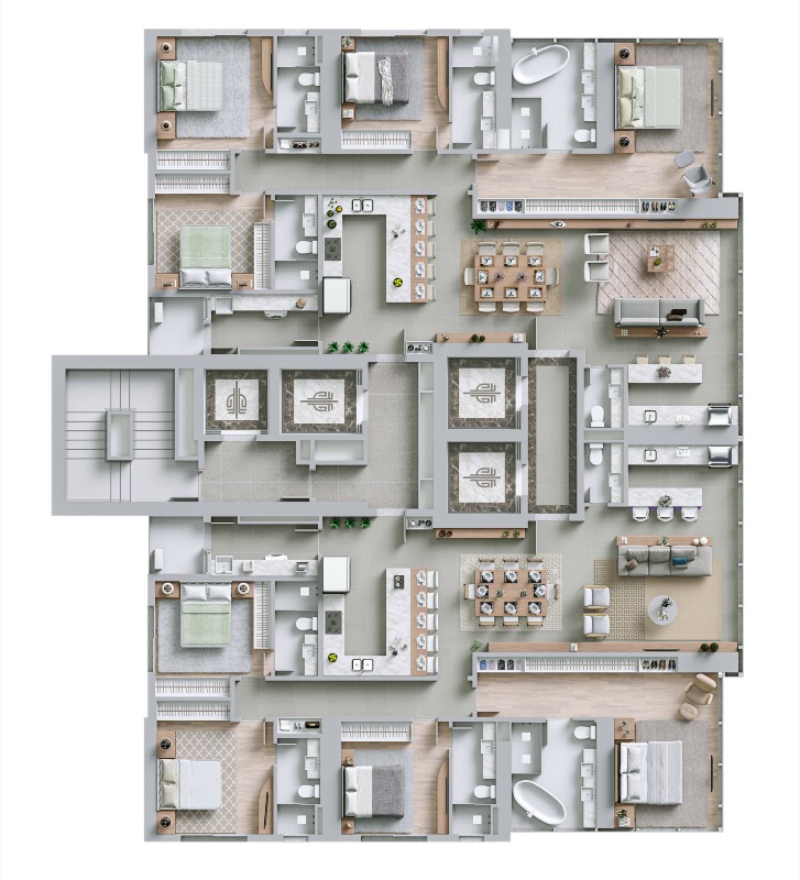 Apartamento à venda no Centro: Planta humanizada do pavimento tipo: dois apartamentos espelhados de 184,30 m² com 4 suítes