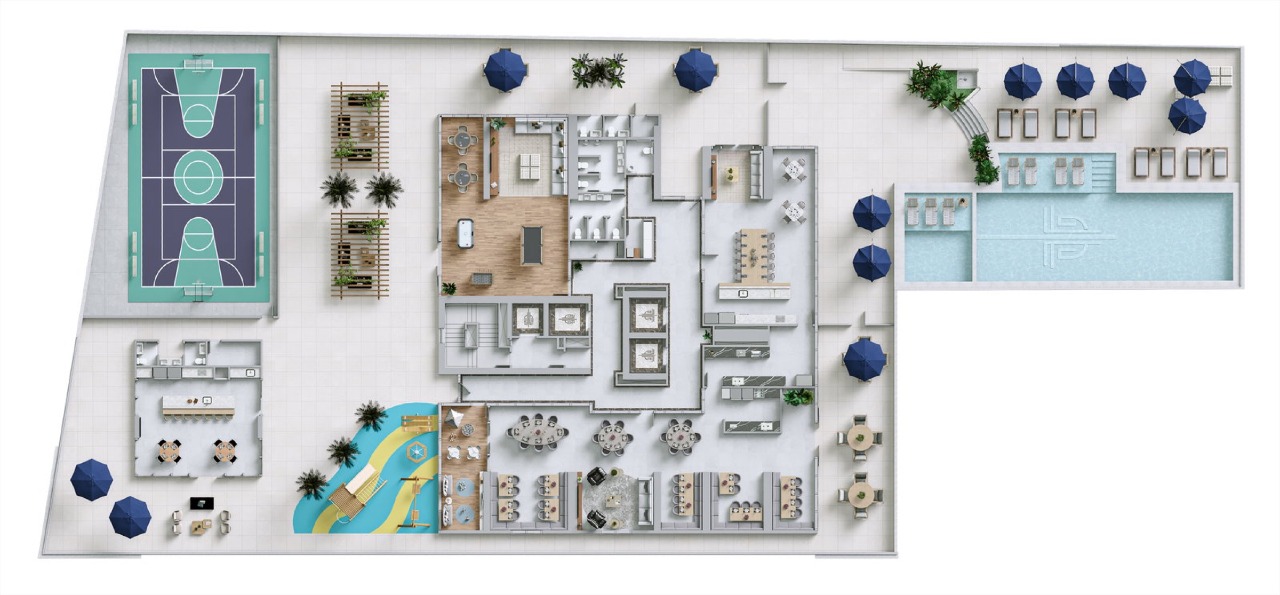 Apartamento à venda no Centro: Planta do pavimento de lazer externo, com piscinas e quadra poliesportiva