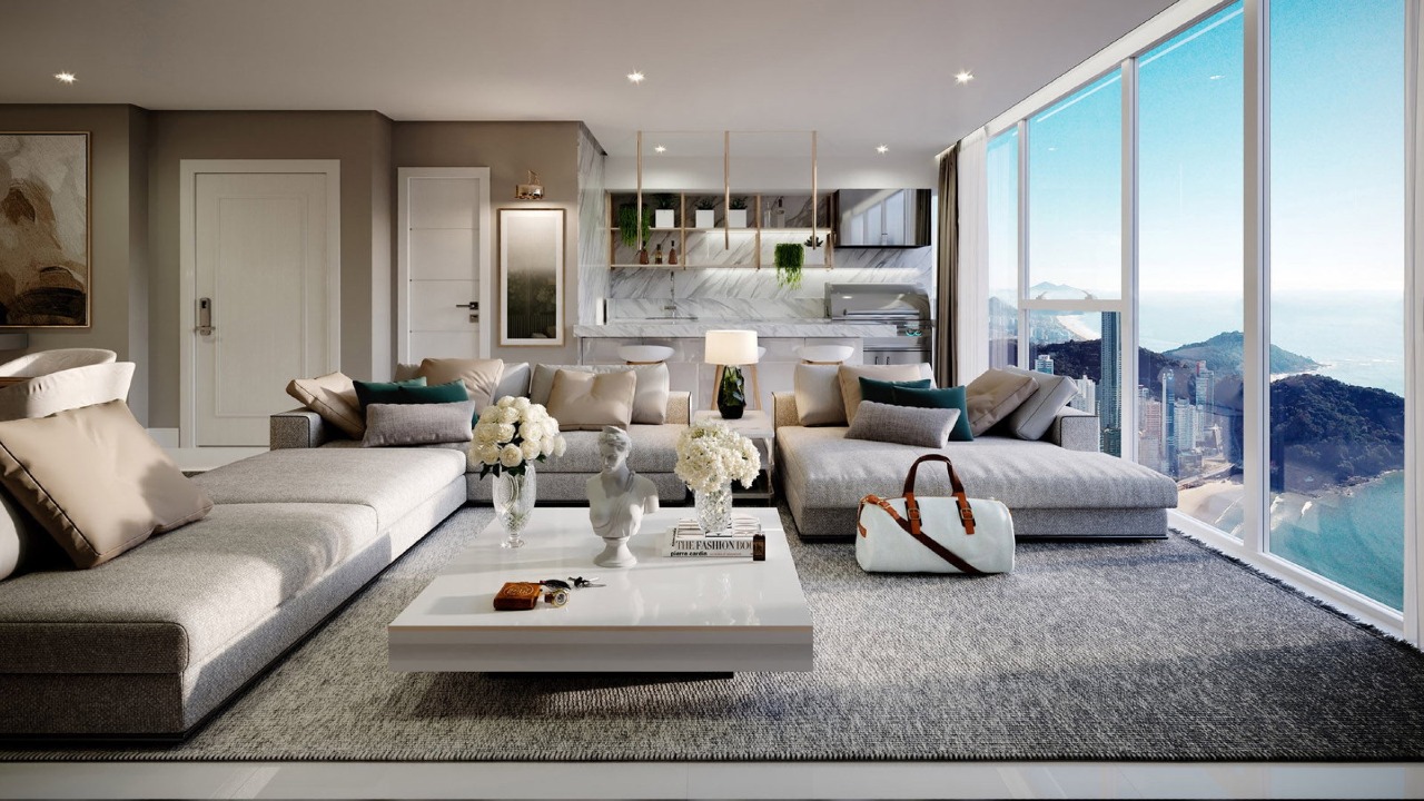 Apartamento à venda no Centro: Living integrado à cozinha, com vista para a orla (imagem ilustrativa)