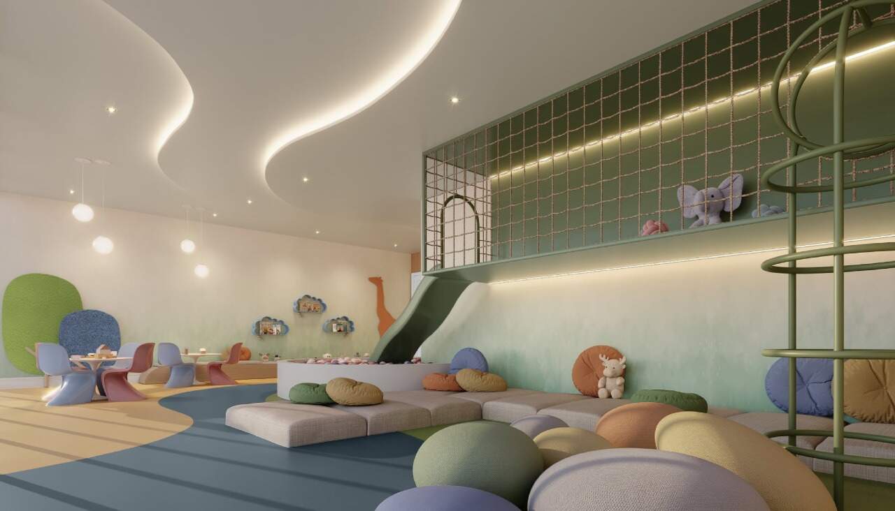 Apartamento à venda no Centro: Brinquedoteca com escorregador e almofadas coloridas (imagem ilustrativa)