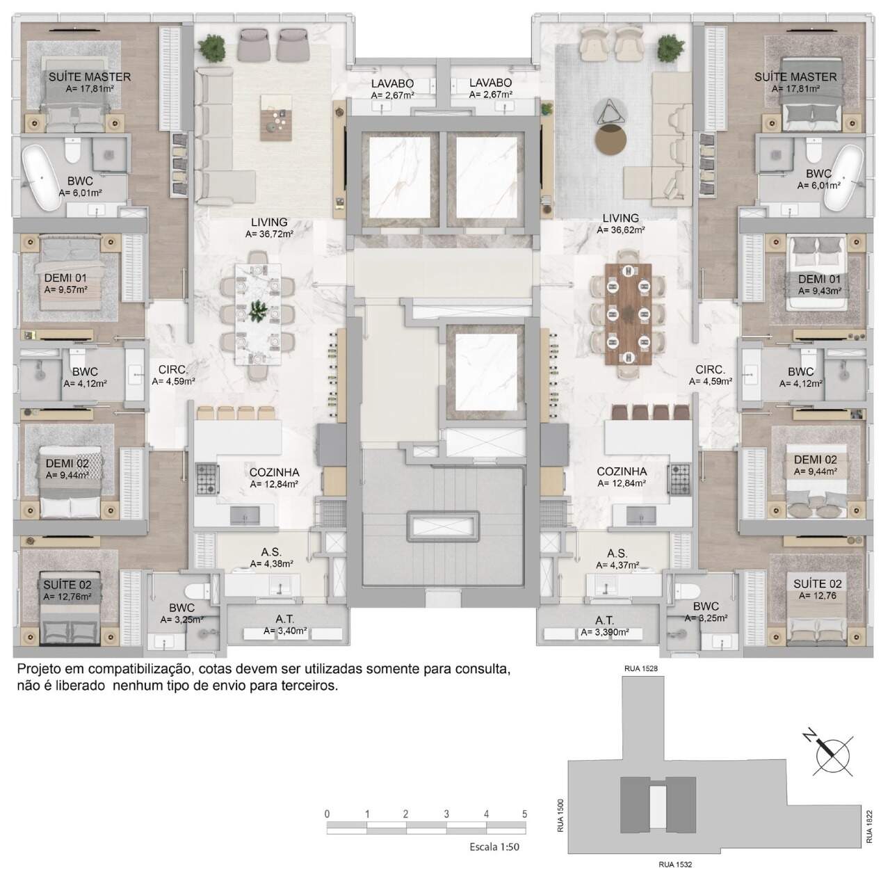 Apartamento à venda no Centro: Planta do andar tipo: dois apartamentos de 152,67 m² com 4 dormitórios