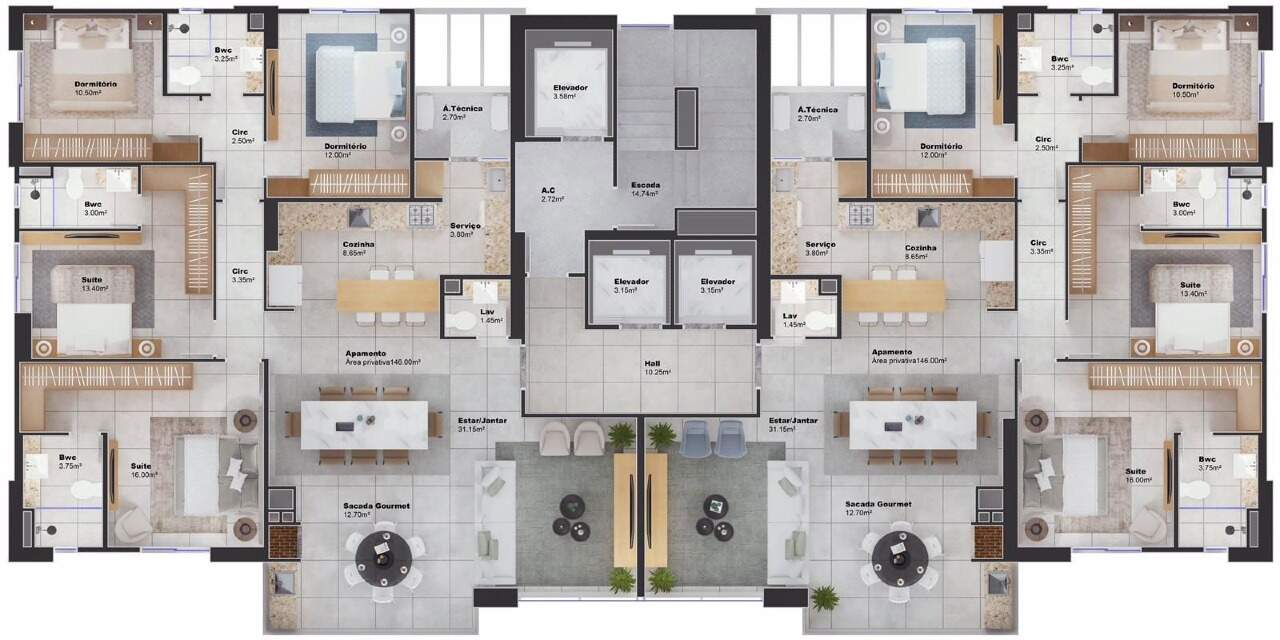 Apartamento à venda no Centro: Planta do pavimento com duas unidades espelhadas (ilustrativa; confirmar posição contratual)