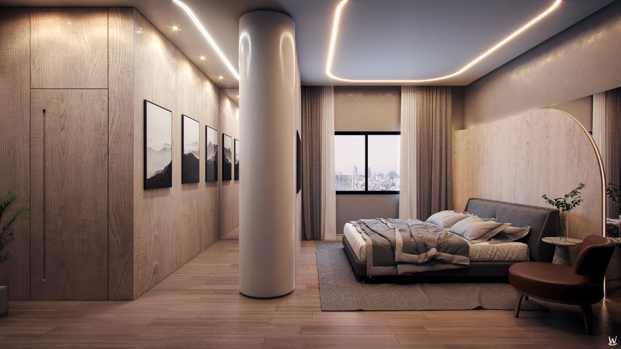 Apartamento à venda no Centro: Suíte do apartamento de 203 m² do NF Reference, com parede de madeira (imagem ilustrativa)