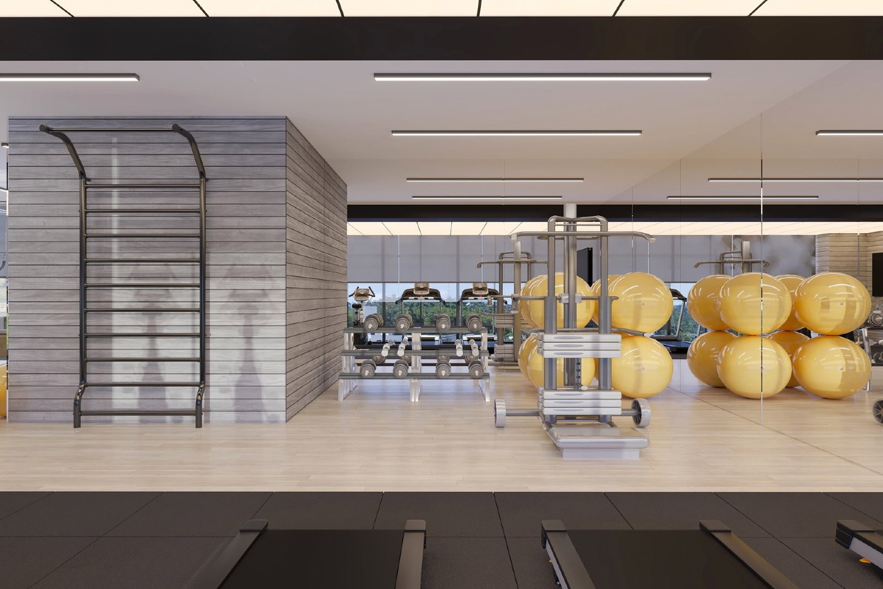 Apartamento à venda no Fazendinha: Academia no rooftop, com aparelhos e bolas de pilates (imagem ilustrativa)