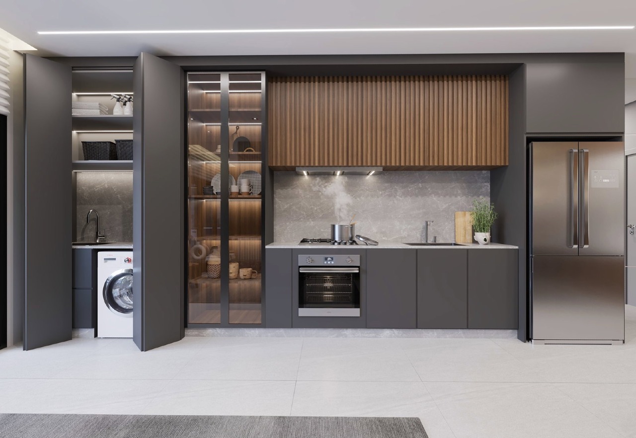 Apartamento à venda no Fazendinha: Cozinha com forno de embutir, adega e espaço para lavadora (imagem ilustrativa)