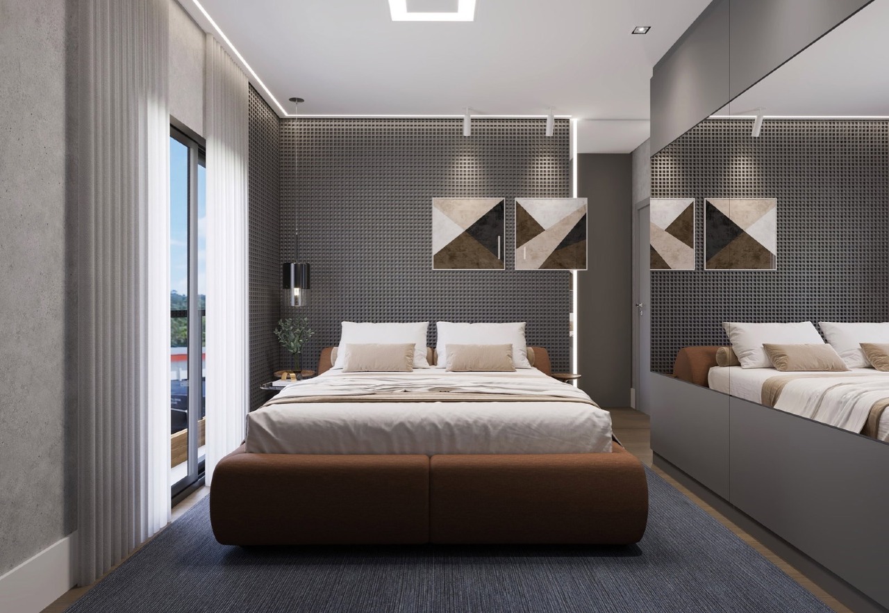 Apartamento à venda no Fazendinha: Suíte com cama de base estofada e janela ampla (imagem ilustrativa)