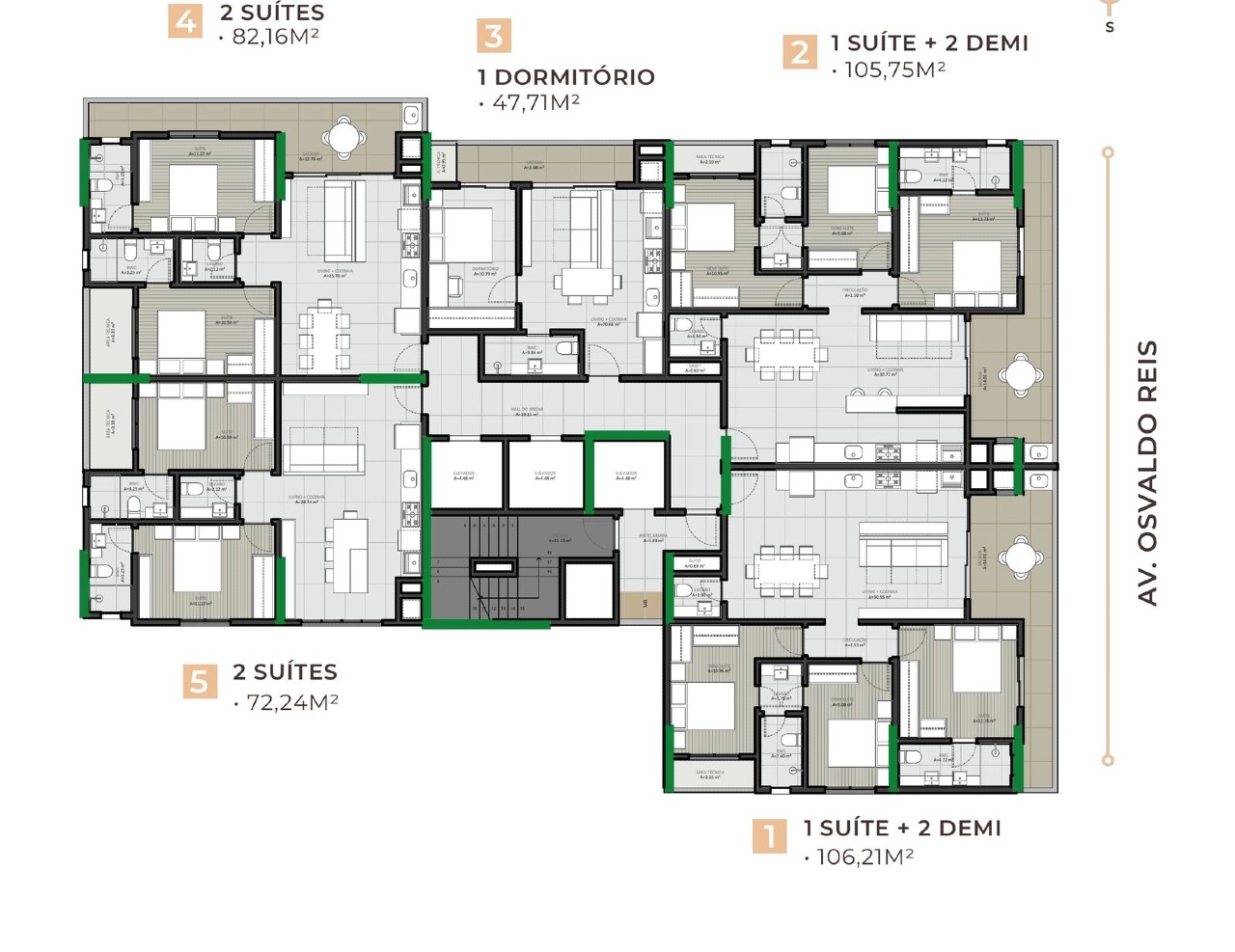 Apartamento à venda no Fazendinha: Planta do pavimento tipo do Metropolitan, com cinco apartamentos por andar