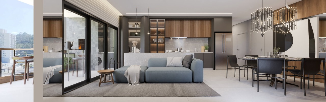 Apartamento à venda no Fazendinha: Living com sofá e jantar ao fundo, planta de 3 dormitórios (imagem ilustrativa)