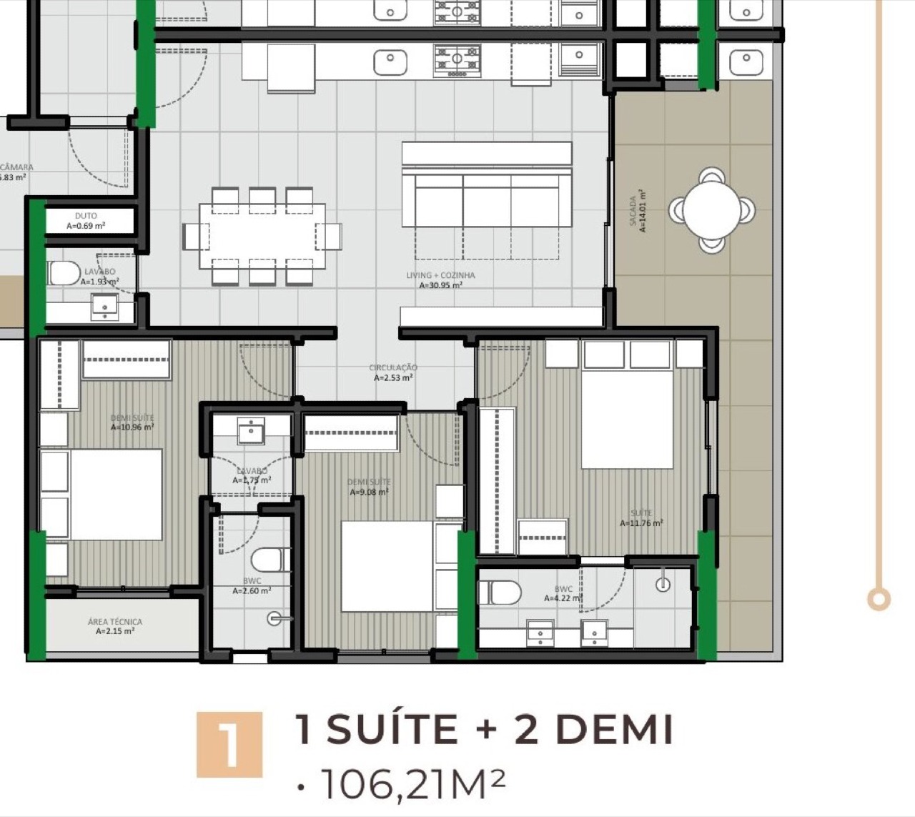Apartamento à venda no Fazendinha: Planta do final 1 do Metropolitan: 106,21 m², 1 suíte, 2 demi-suítes e sacada para a avenida