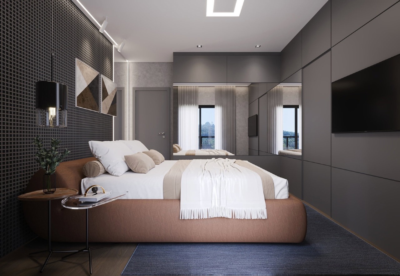 Apartamento à venda no Fazendinha: Suíte com painel para TV e marcenaria escura (imagem ilustrativa)