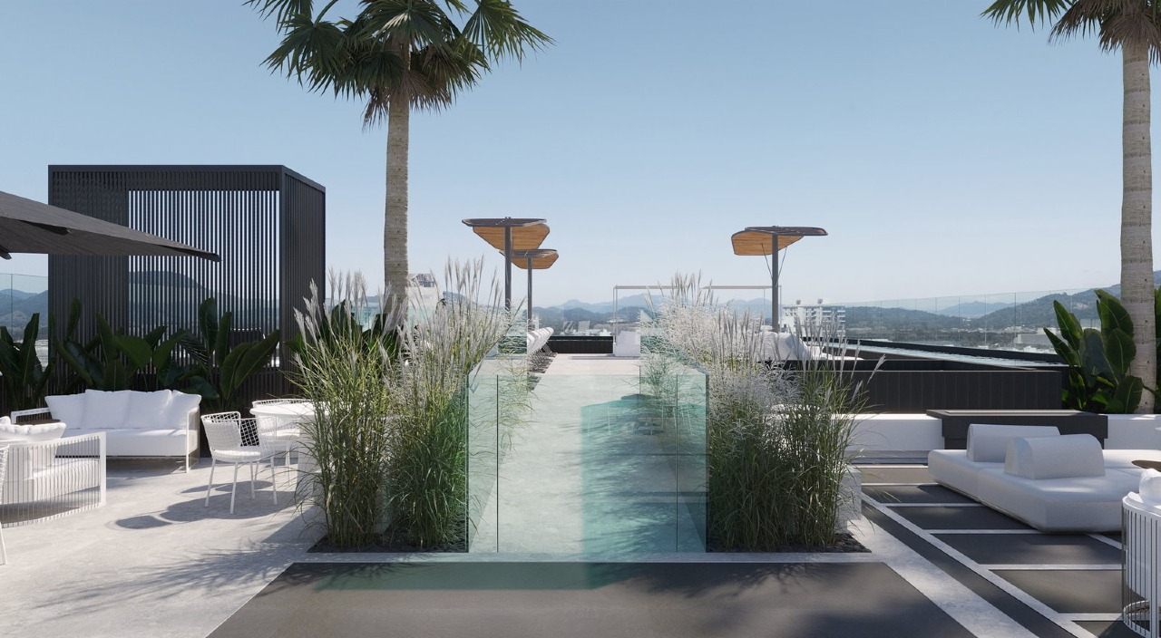Apartamento à venda no Fazendinha: Lounge com palmeiras ao lado da piscina do Metropolitan (imagem ilustrativa)