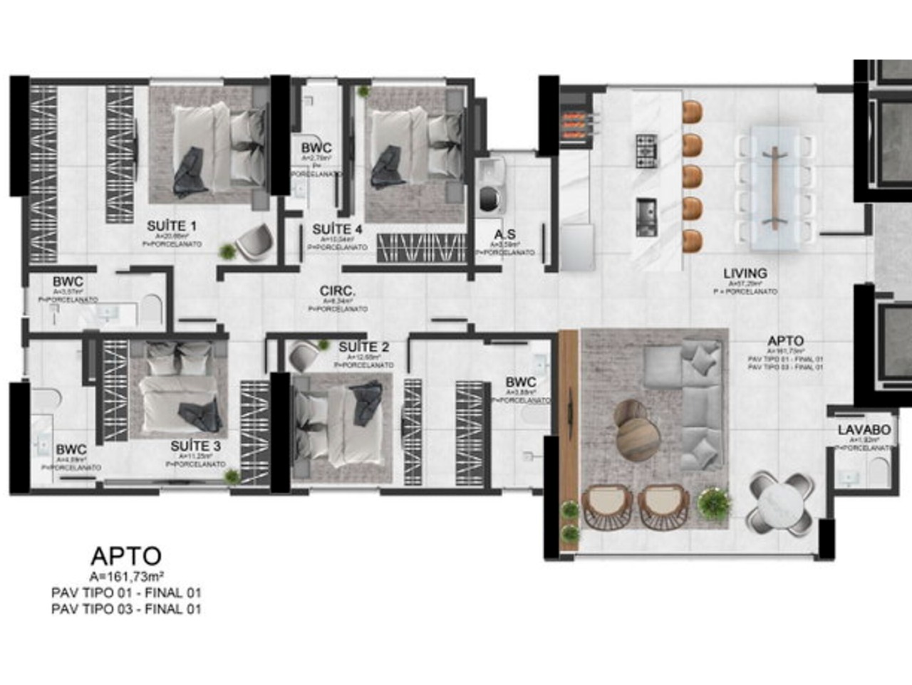 Apartamento à venda no Centro: Planta do final 01: 4 suítes, living integrado à cozinha, lavabo e área de serviço