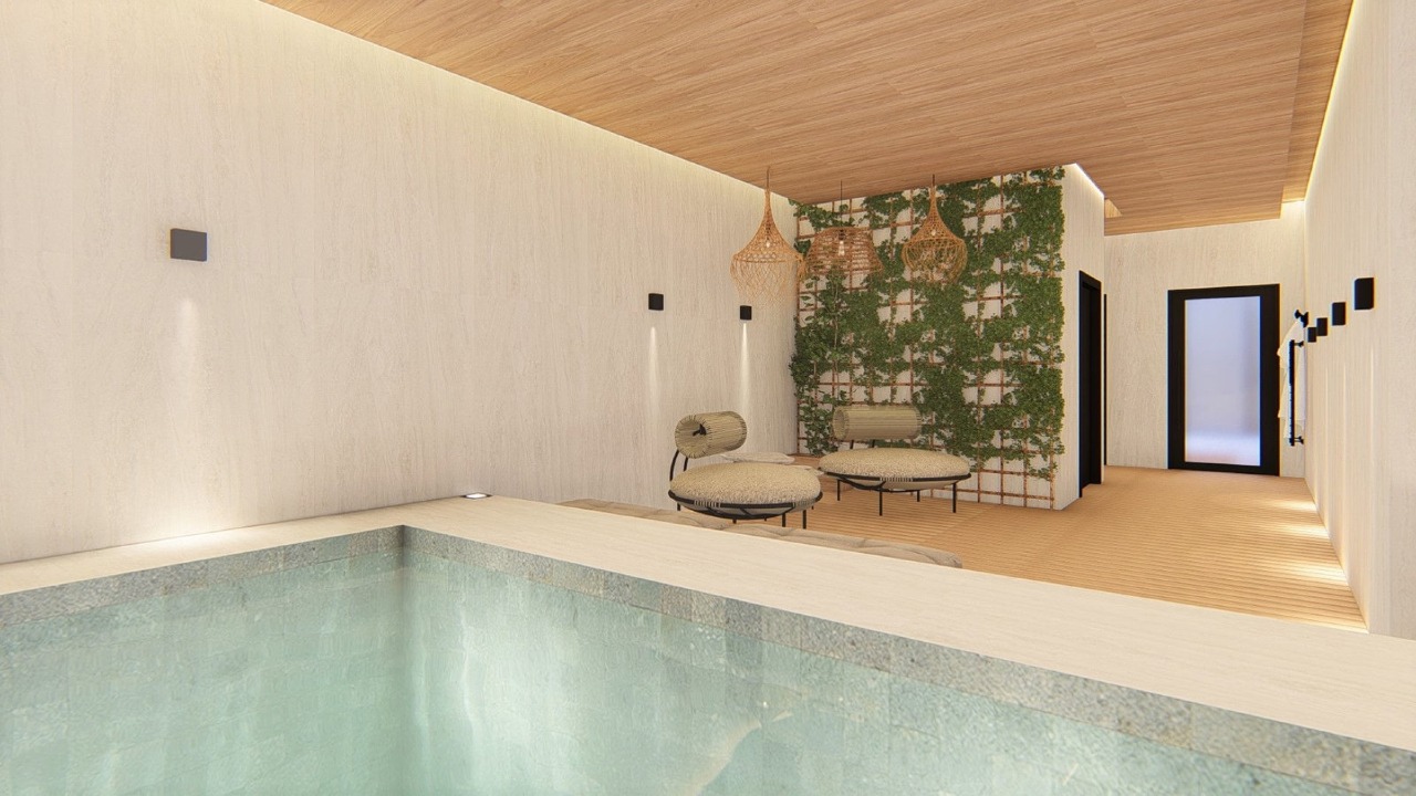Apartamento à venda no Centro: Piscina coberta aquecida com parede verde (imagem ilustrativa)