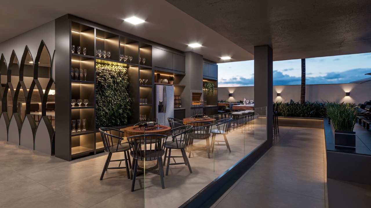 Apartamento à venda no Centro: Bar junto à piscina, com estantes de vinho e mesas (imagem ilustrativa)
