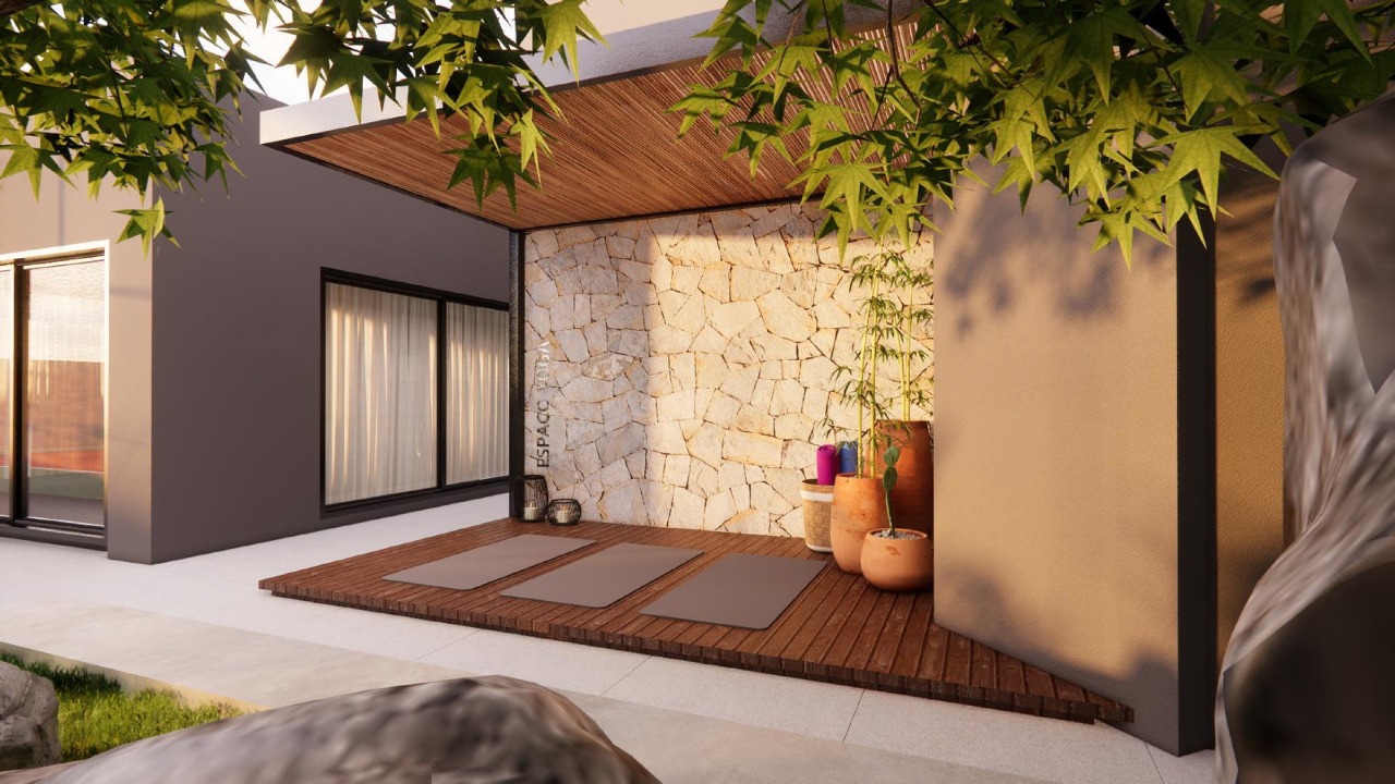 Apartamento à venda no Centro: Espaço yoga com deck de madeira e pergolado (imagem ilustrativa)