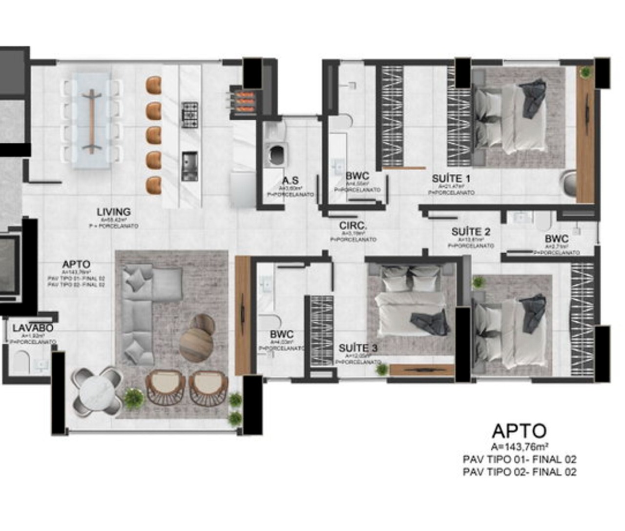 Apartamento à venda no Centro: Planta do final 02: 3 suítes, living integrado à cozinha, lavabo e área de serviço