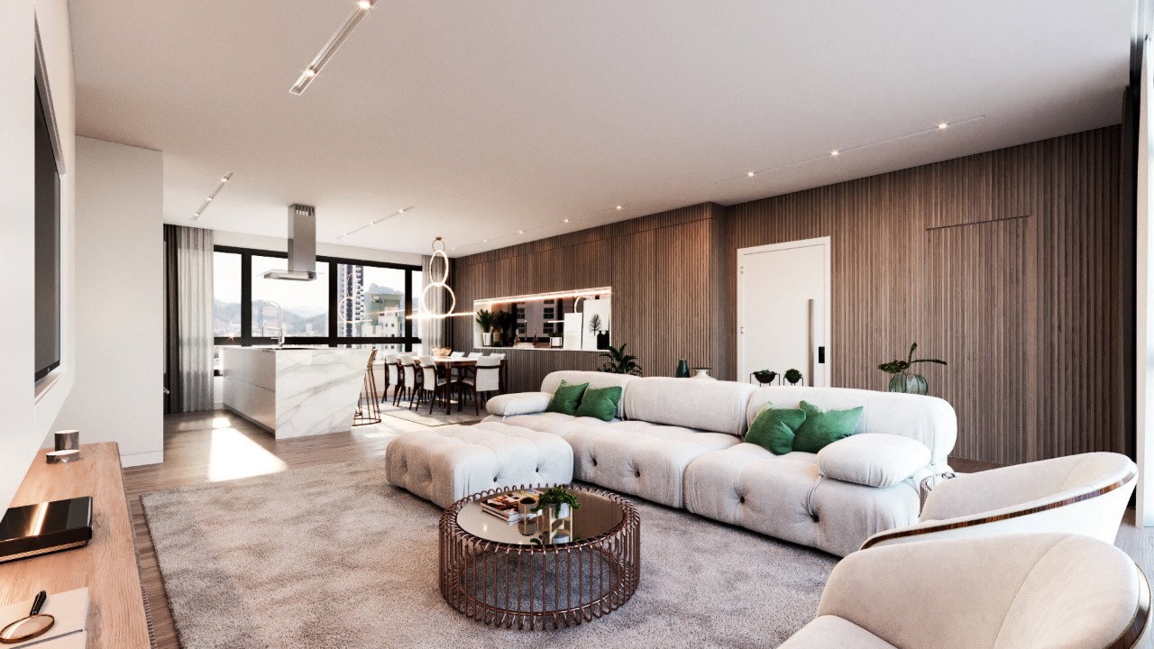 Apartamento à venda no Centro: Living com sofá, mesa de centro e cozinha integrada (imagem ilustrativa)