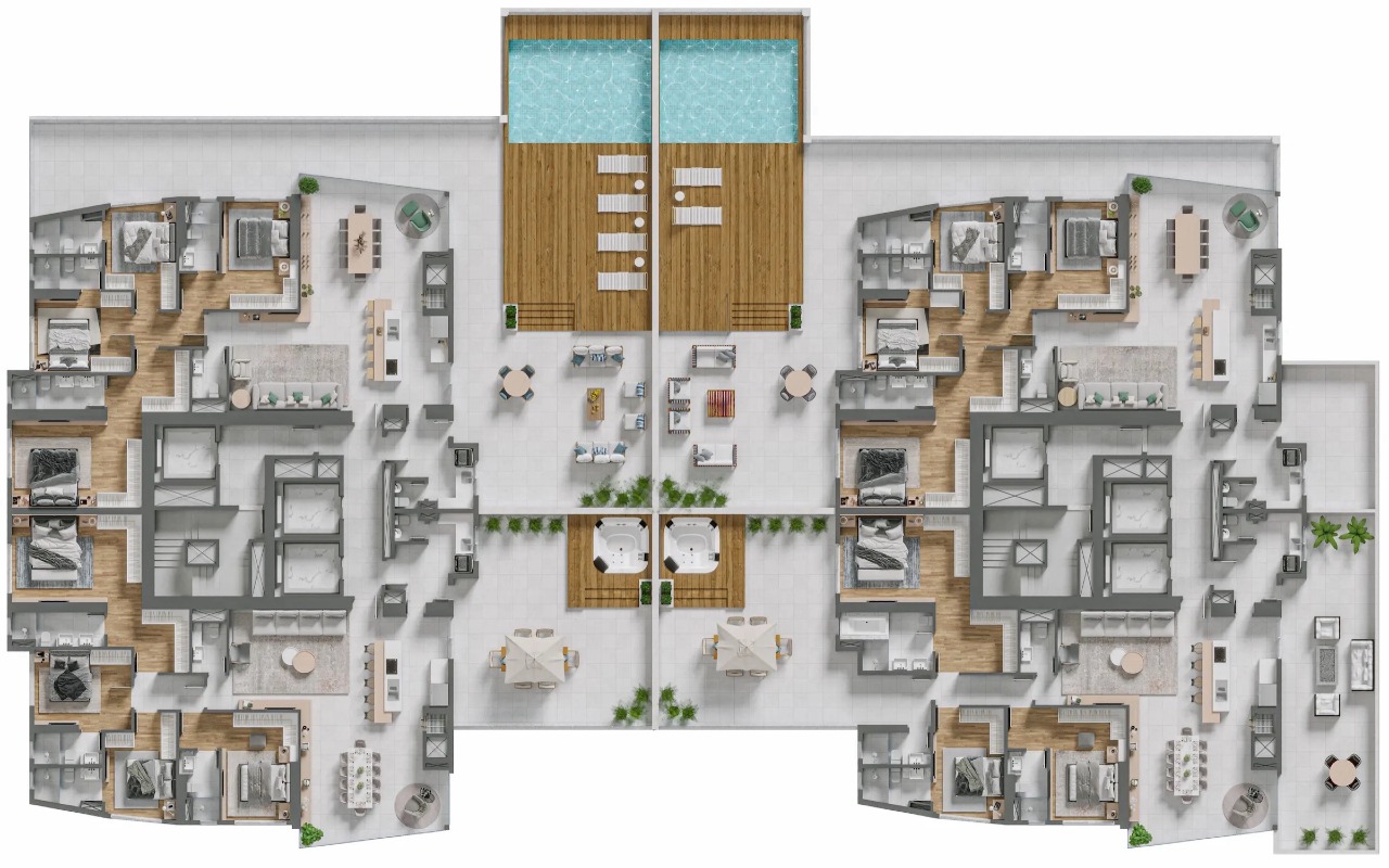 Apartamento diferenciado à venda no Centro: Planta do pavimento dos apartamentos diferenciados, com os terraços entre as torres