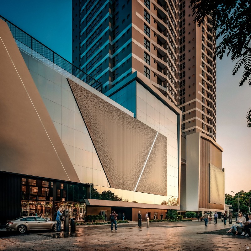Apartamento diferenciado à venda no Centro: Esquina do embasamento do Ápice Towers ao entardecer (imagem ilustrativa)