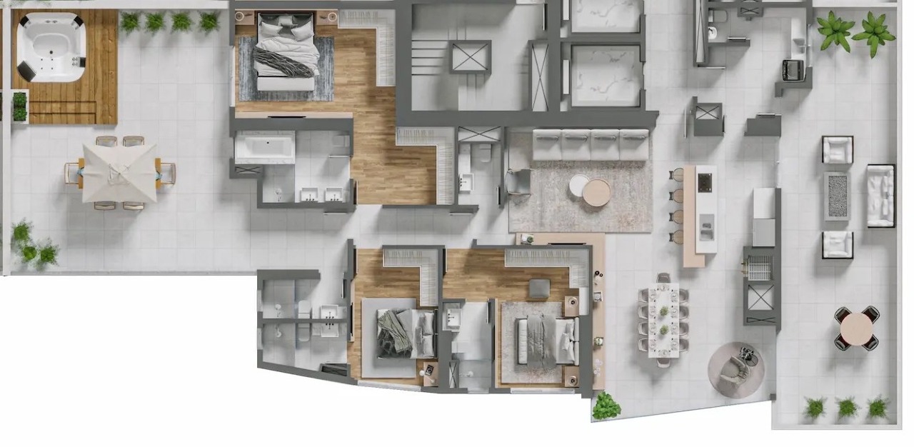 Apartamento diferenciado à venda no Centro: Planta do diferenciado de 279,99 m²: 3 suítes, terraço com hidromassagem e terraço lateral