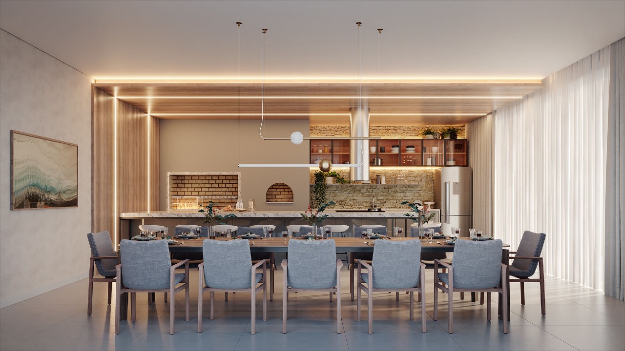 Apartamento diferenciado à venda no Centro: Espaço gourmet com cozinha e mesa comunitária (imagem ilustrativa)