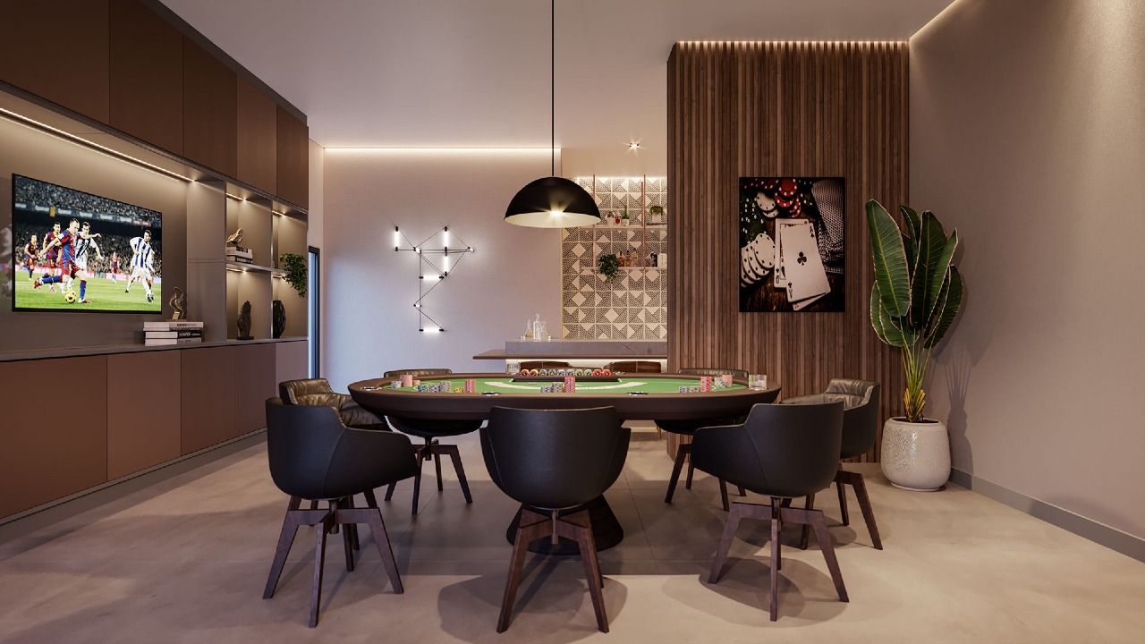 Apartamento diferenciado à venda no Centro: Sala de cartas com mesa de pôquer (imagem ilustrativa)